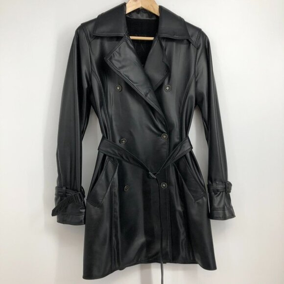 Nancy Lord Couture Vancouver Black  Double Breasted Leather Trench Coat - Picture 6 of 16